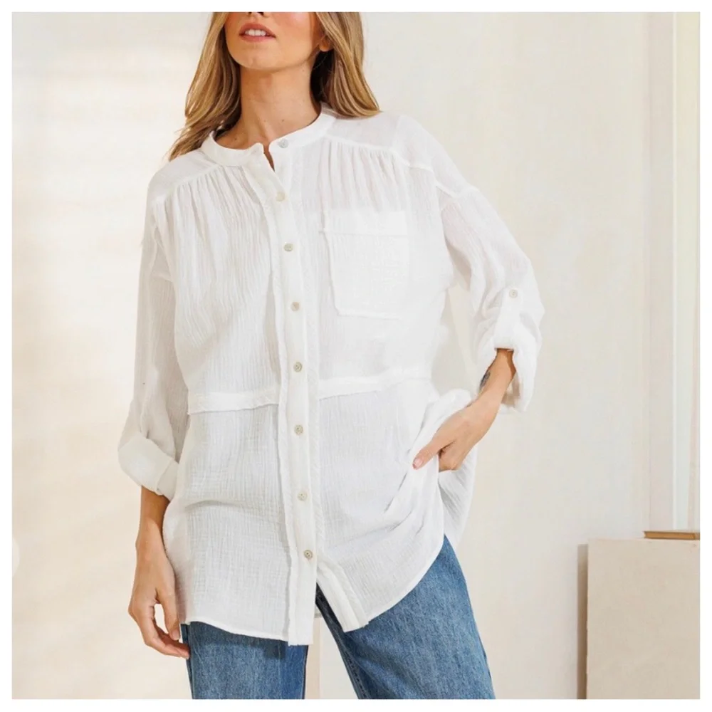 Boho Shirring Detailed Gauze Blouse - Picture 1 of 5
